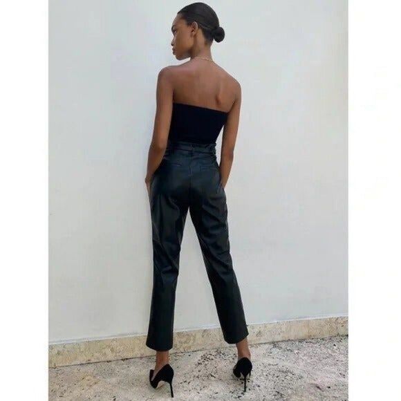 Babaton x Aritzia Vegan Leather Belted Pants Tie Front Cropped High Rise Black 6 - Picture 2 of 12